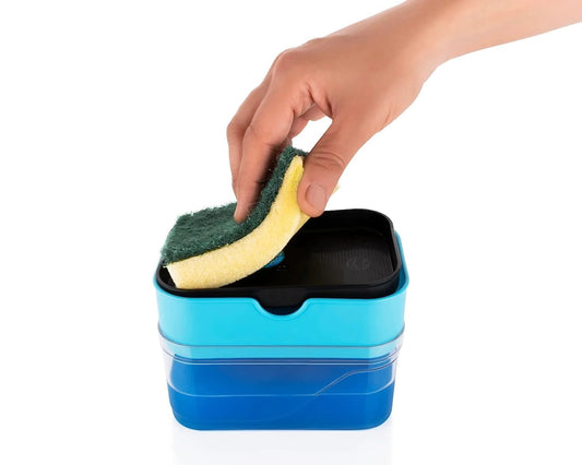 Kitchen soap pump with sponge rack